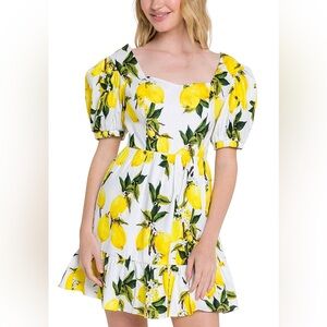 English Factory Yellow Lemon Print Puff Sleeve Dress